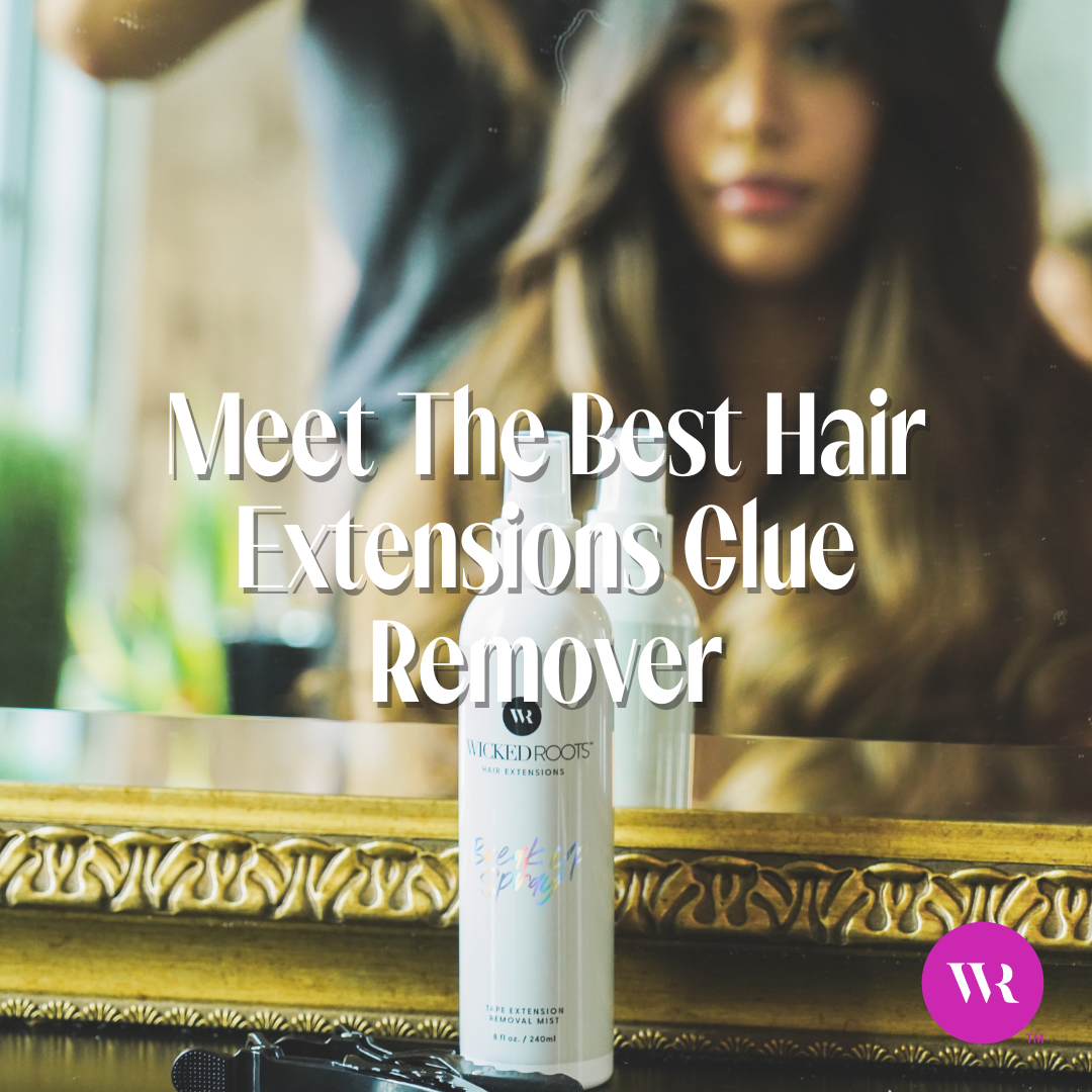 a picture of Wicked Roots Hair extension remover solvent with a girl getting her hair done in the background