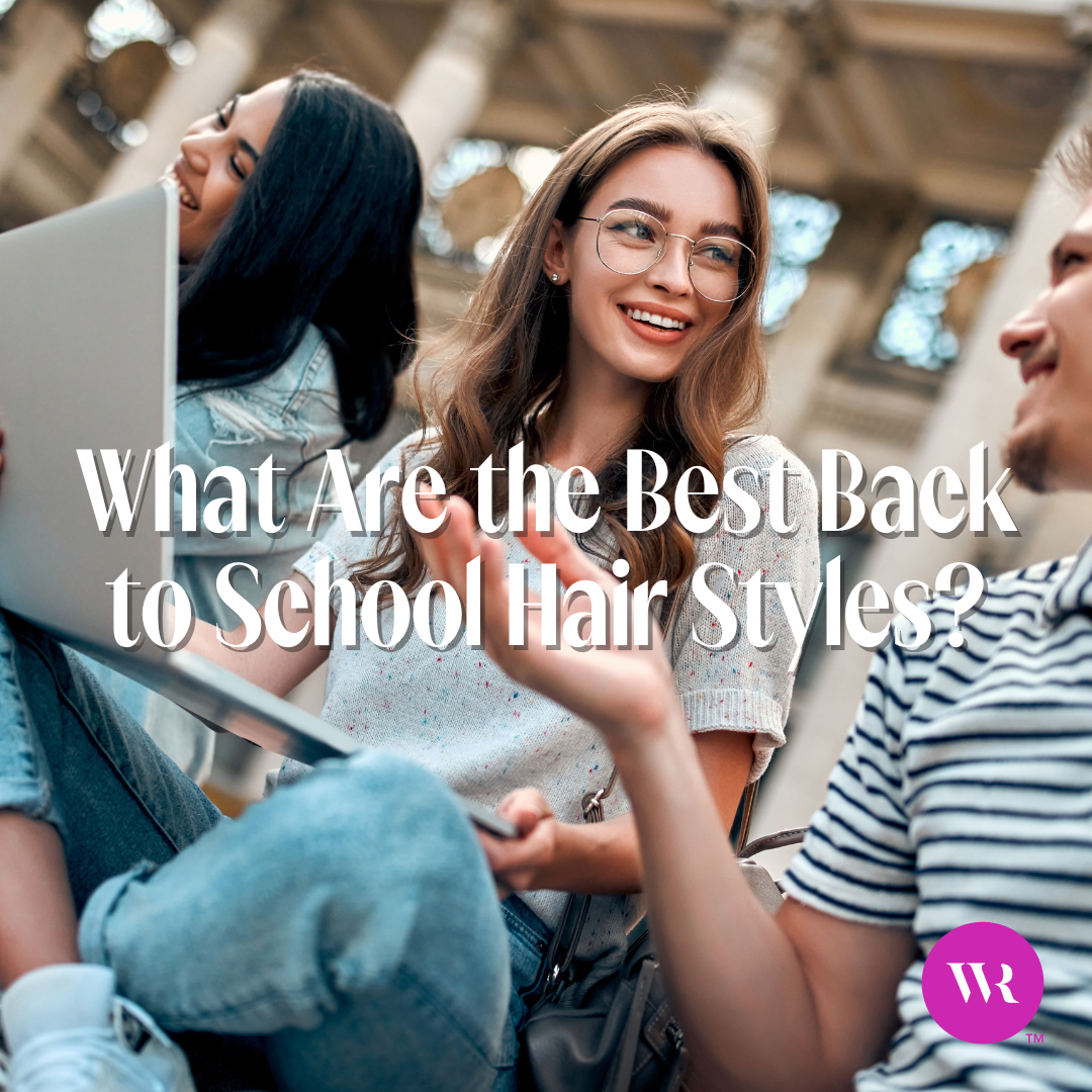 student wearing hair extensions at school with a laptop