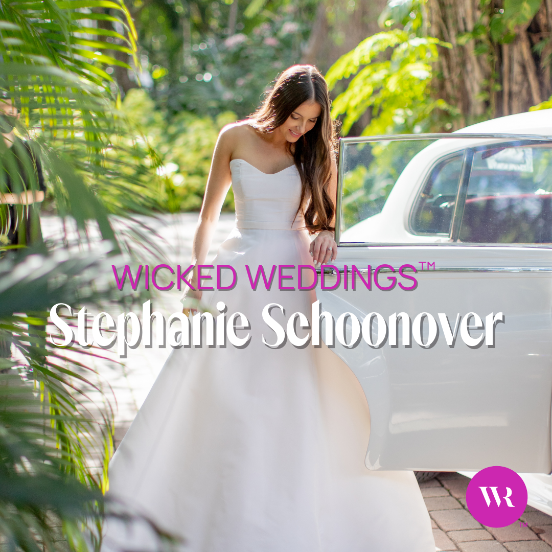 Stephanie Schoonover wearing hair extensions in her wedding dress next to a classic car