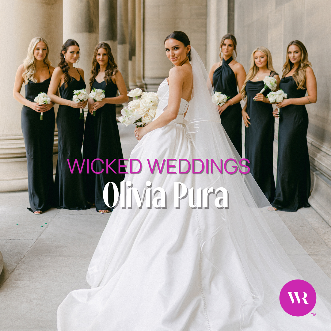 Olivia Pura in a wedding dress and her bridesmaids wearing hair extensions