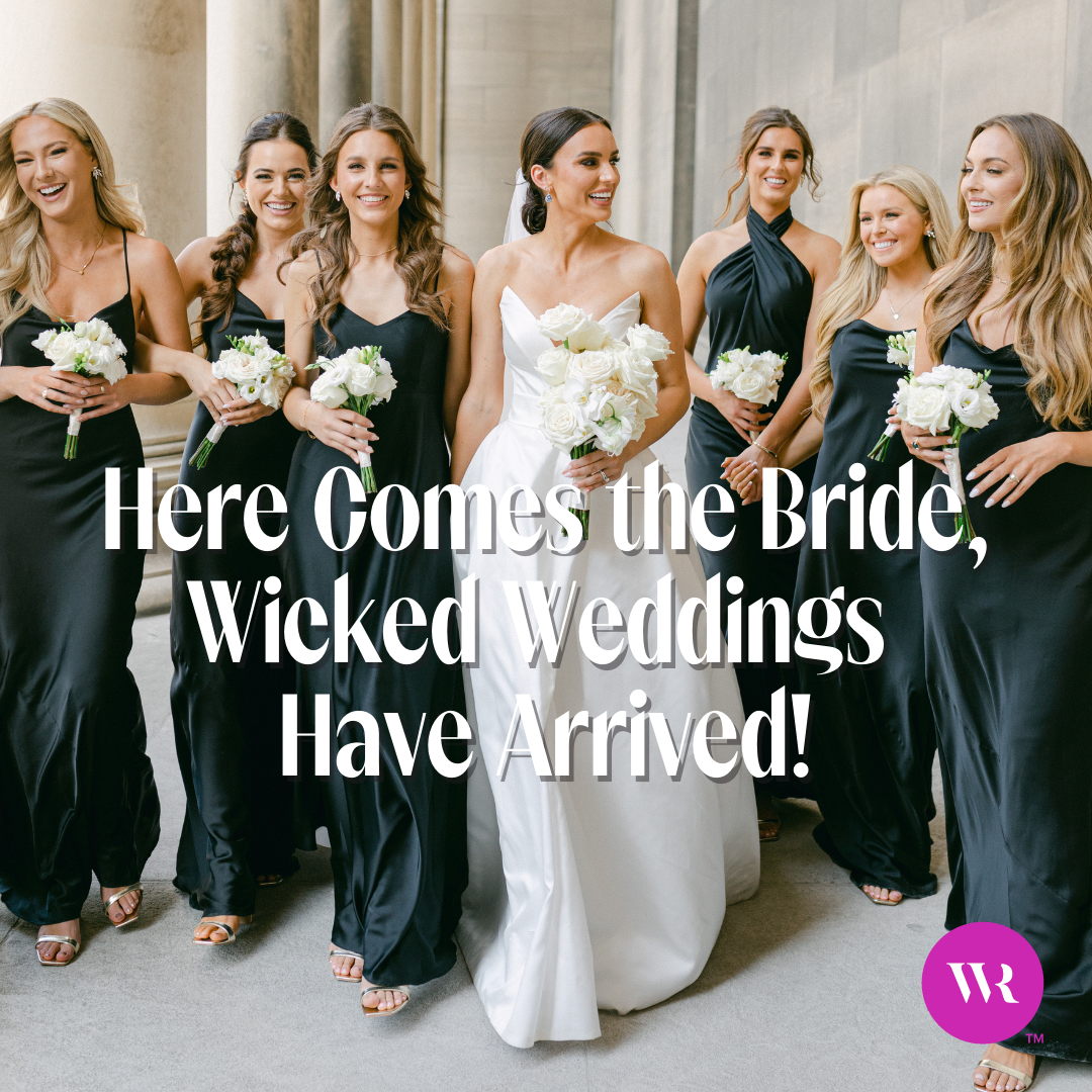 Bride with her bridesmaids wearing hair extensions walking to the wedding