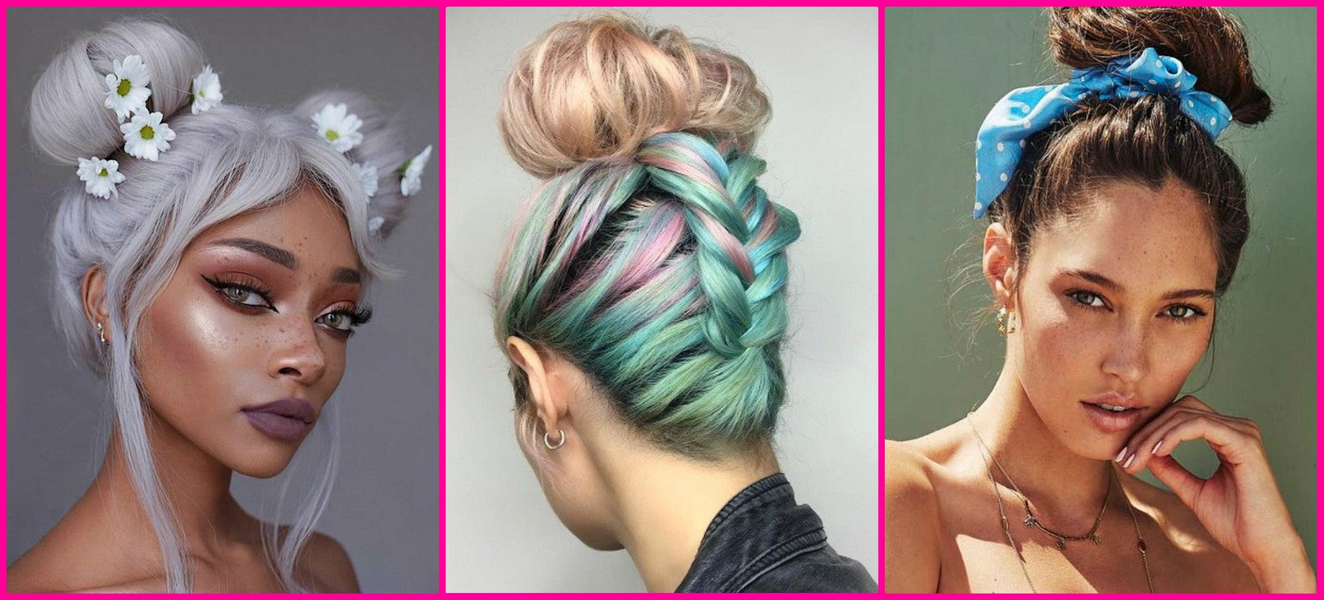 three images of women with colorful hair buns