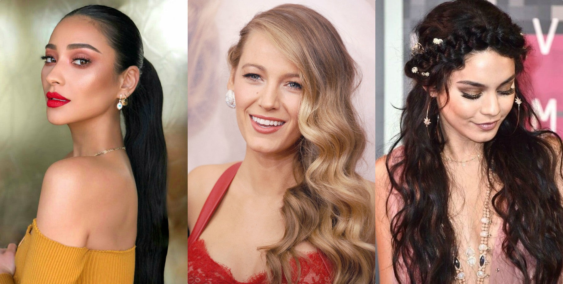 Three celebrities with flowing wavy hair dressed up for valentines day