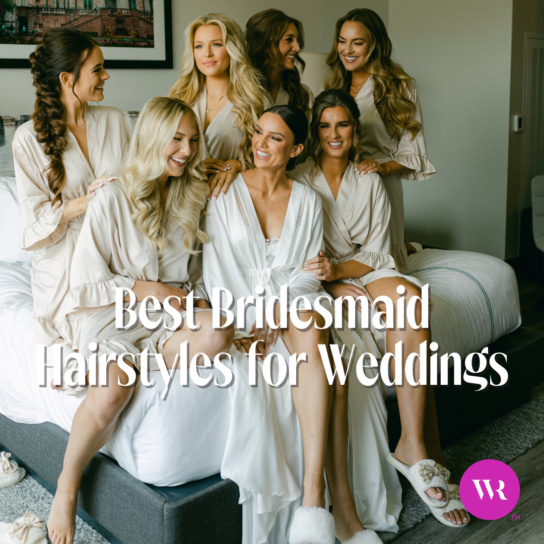 Bride and her bridesmaids wearing hair extensions in a hotel room preparing for her wedding